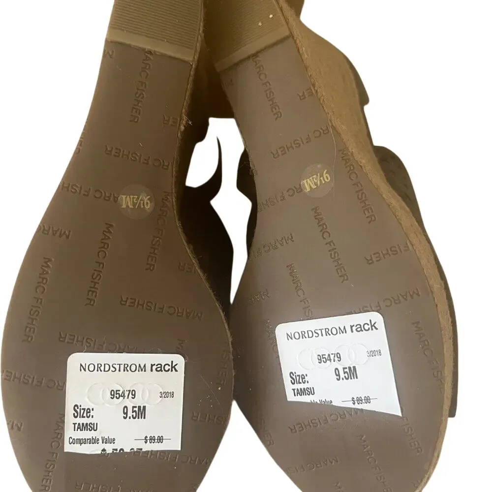 NEW Marc Fisher Hasina Olive Suede Laser Cut Espadrille Wedge Sandals Shoes